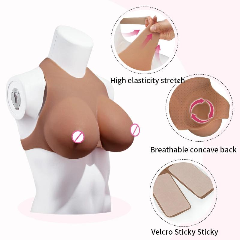 B-E Cup High Neck Short-Sleeve  Magic Tape Silicone Breastplate Dark