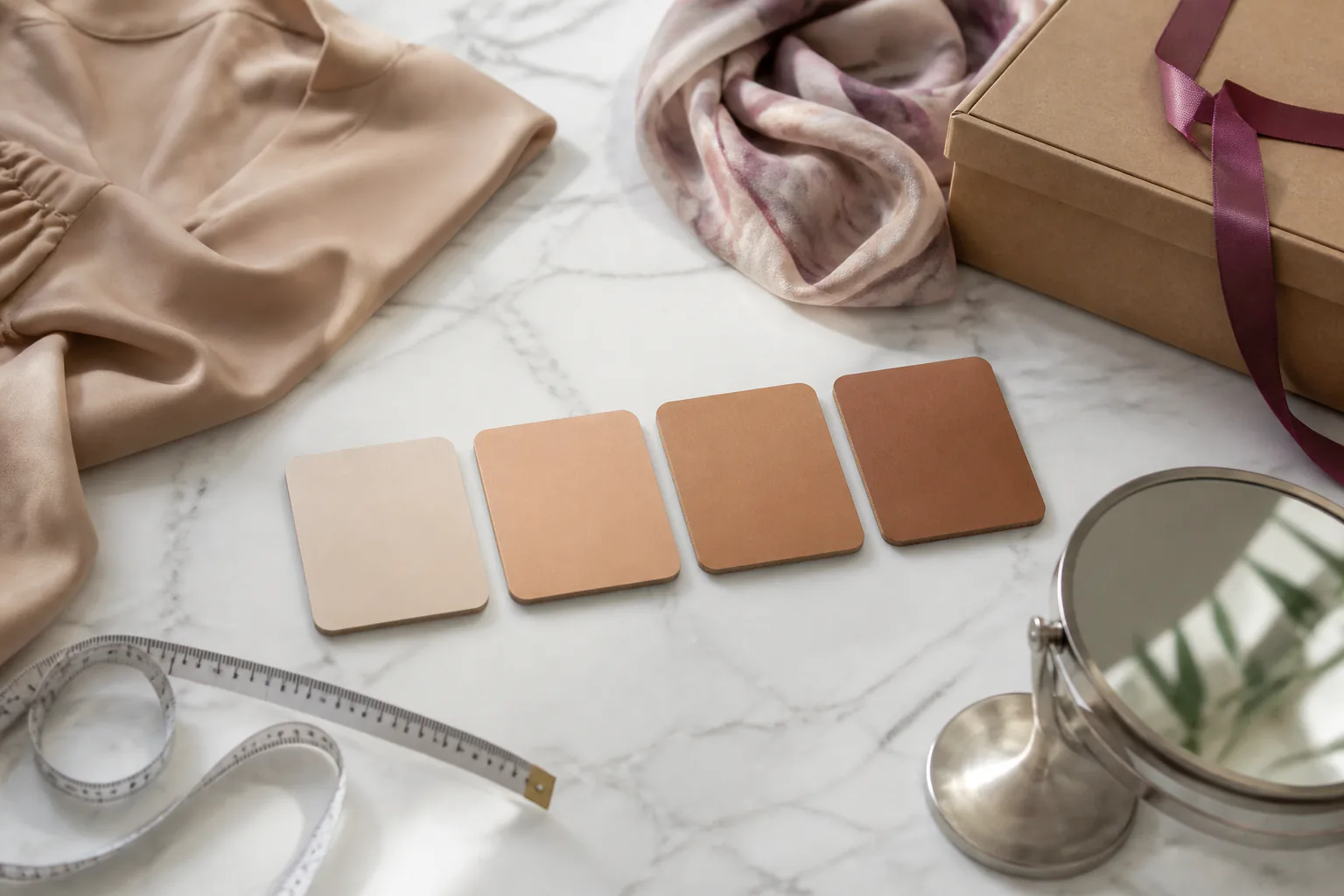Four silicone skin-tone samples from light to deep brown