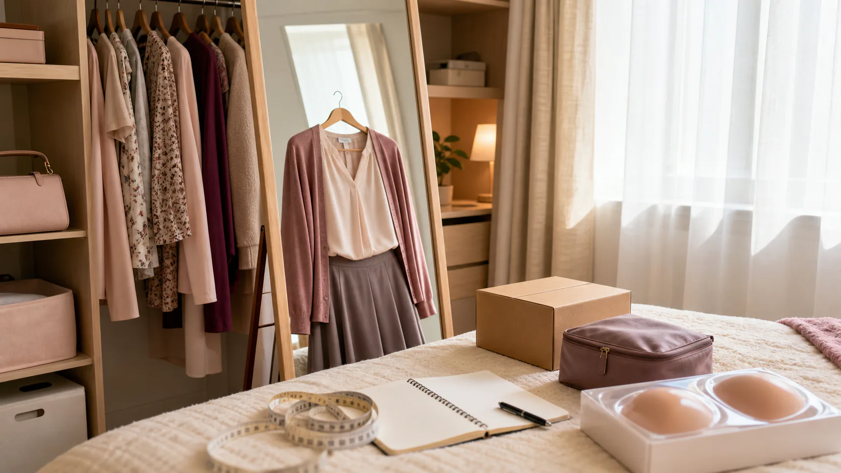 First time crossdressing guide with mirror outfit measuring tape plain box and private planning