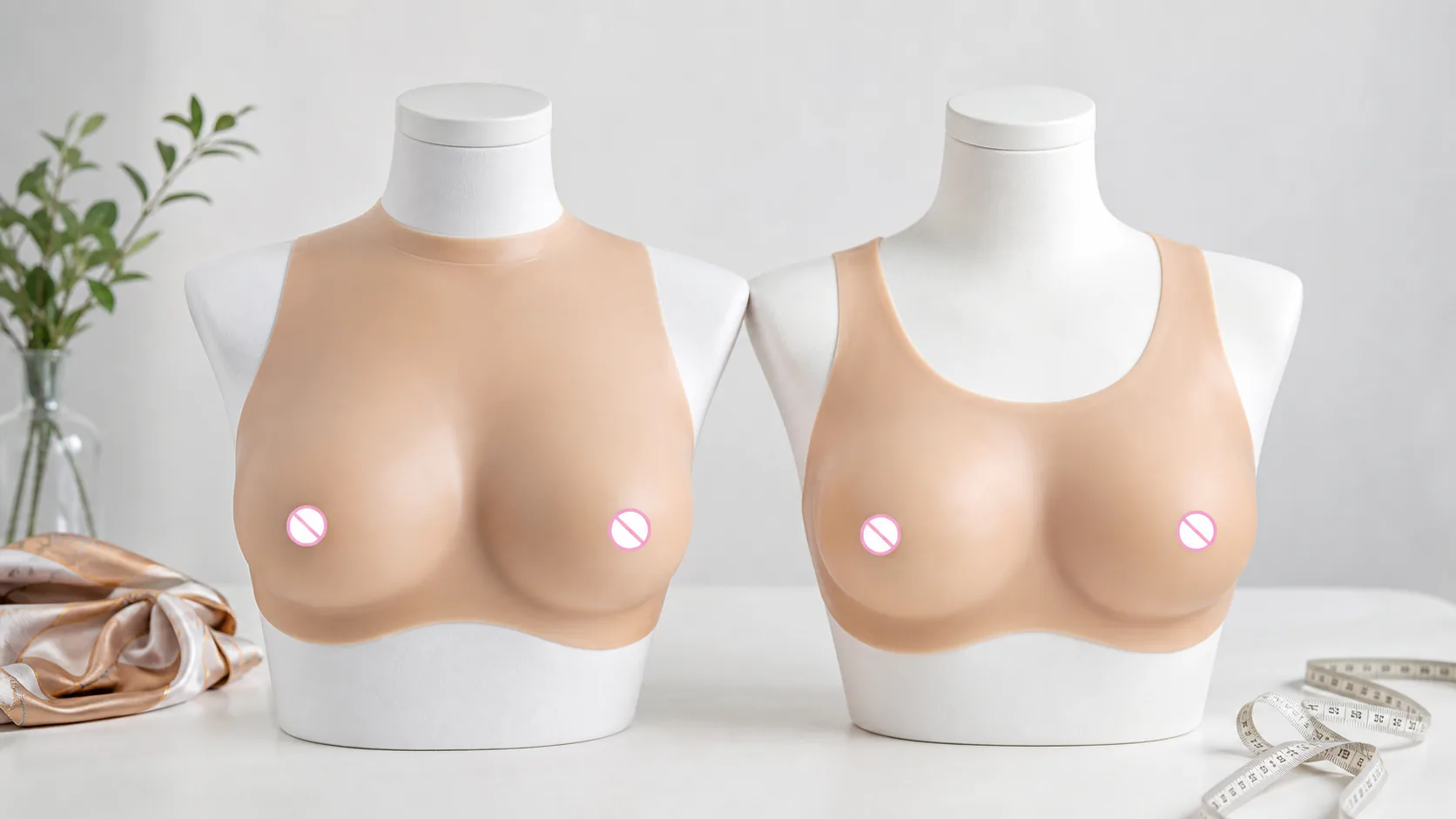 High-neck and round-neck silicone breastplates compared on clean mannequins