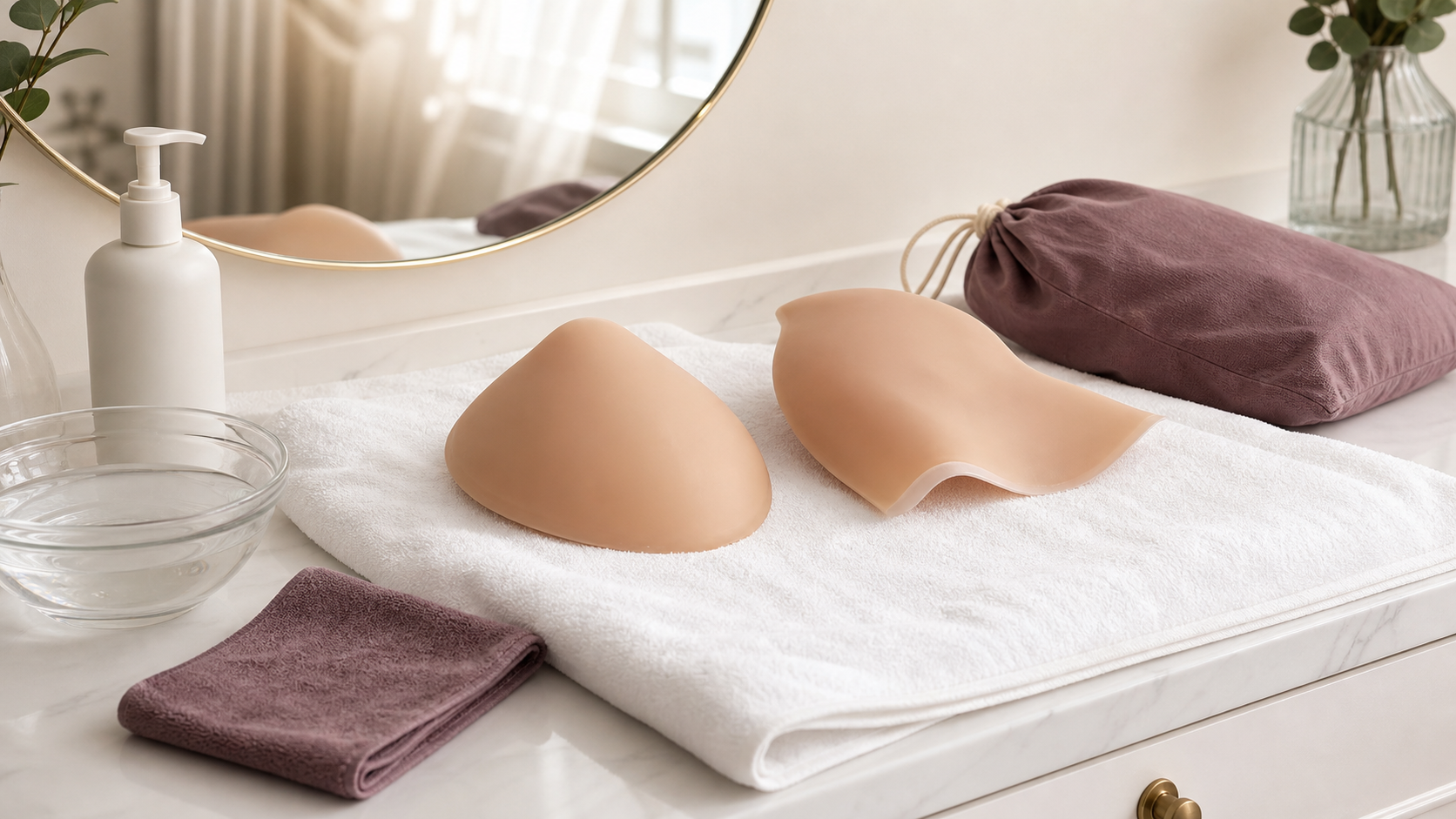 Silicone breast form care routine with mild soap towel water and private storage pouch