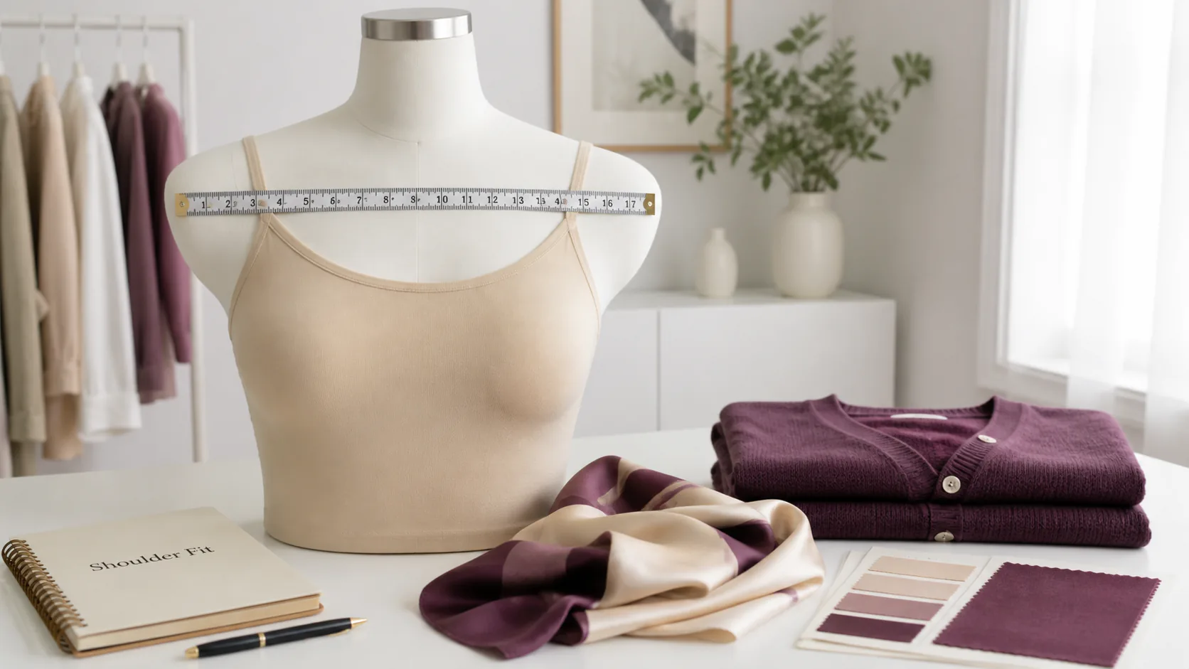Silicone breastplate fit guide for broad shoulders with measuring tape cardigan scarf and styling notes