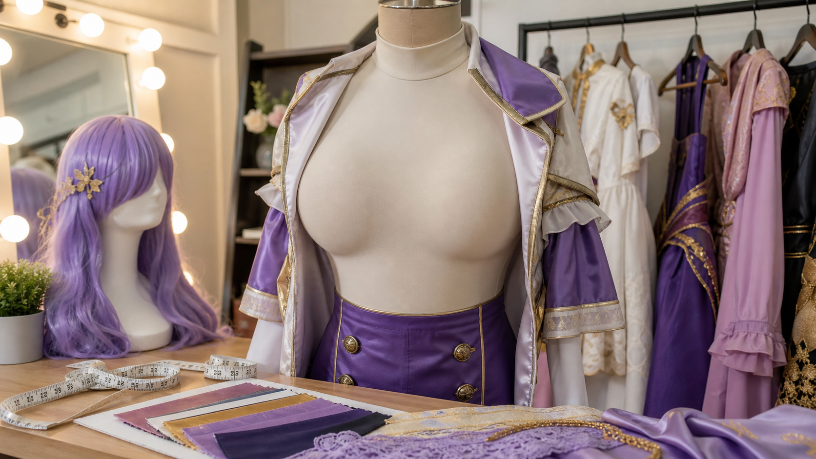 Silicone breastplate cosplay guide with costume cape, stage lights and character styling