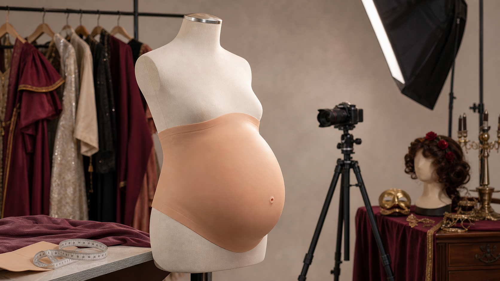Silicone pregnant belly prop on mannequin in photography studio with costumes and stage equipment