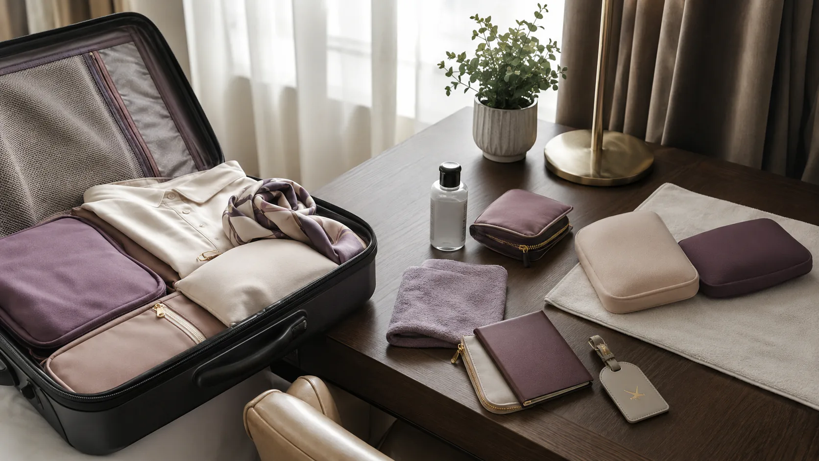 Discreet travel setup with luggage pouches towel and silicone crossdressing product care kit