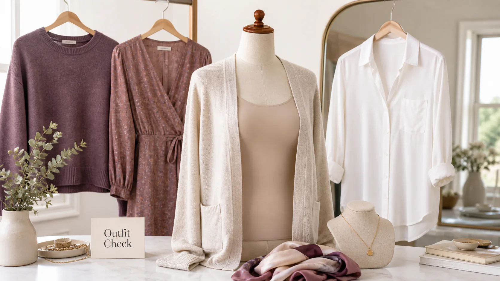 Outfit guide for wearing clothes over a silicone breastplate with cardigan sweater wrap dress and accessories