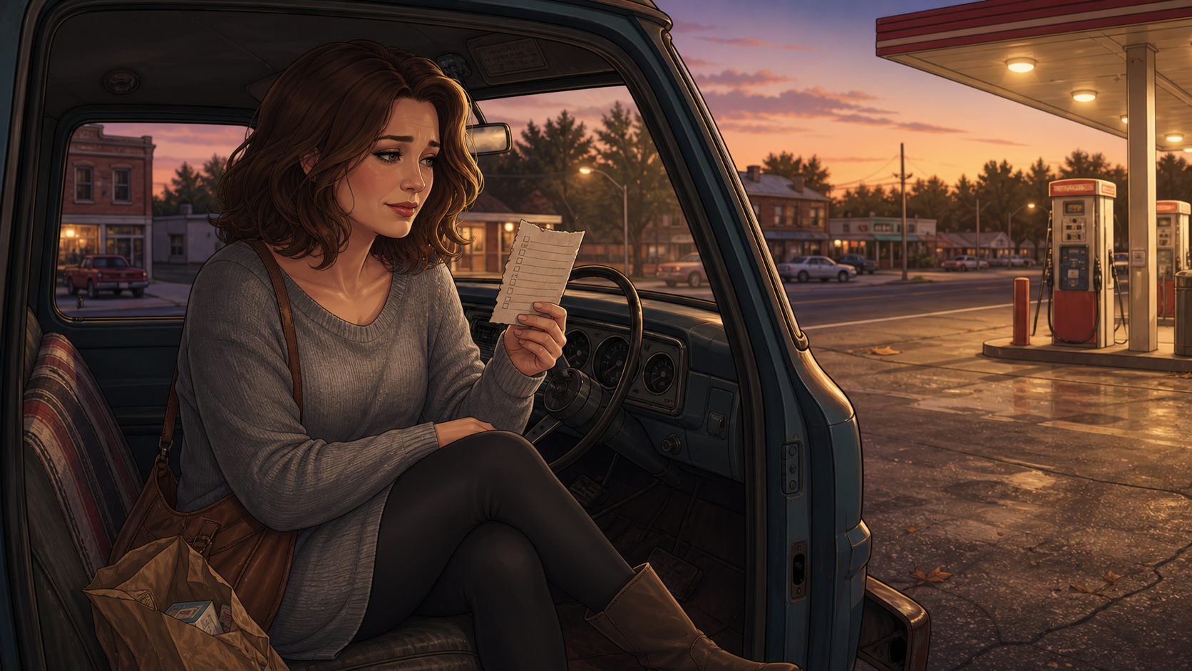 Melissa sitting nervously in an old pickup outside a small-town gas station at dusk