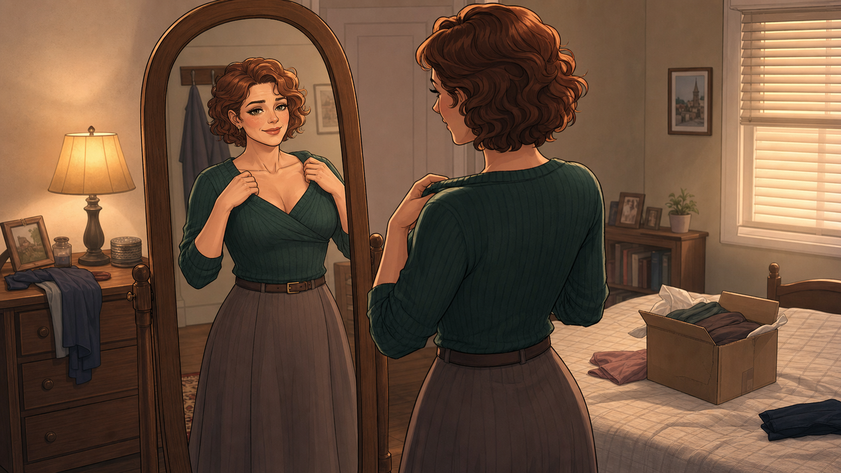 Melissa adjusting a green top in the bedroom mirror during her first breastplate fitting