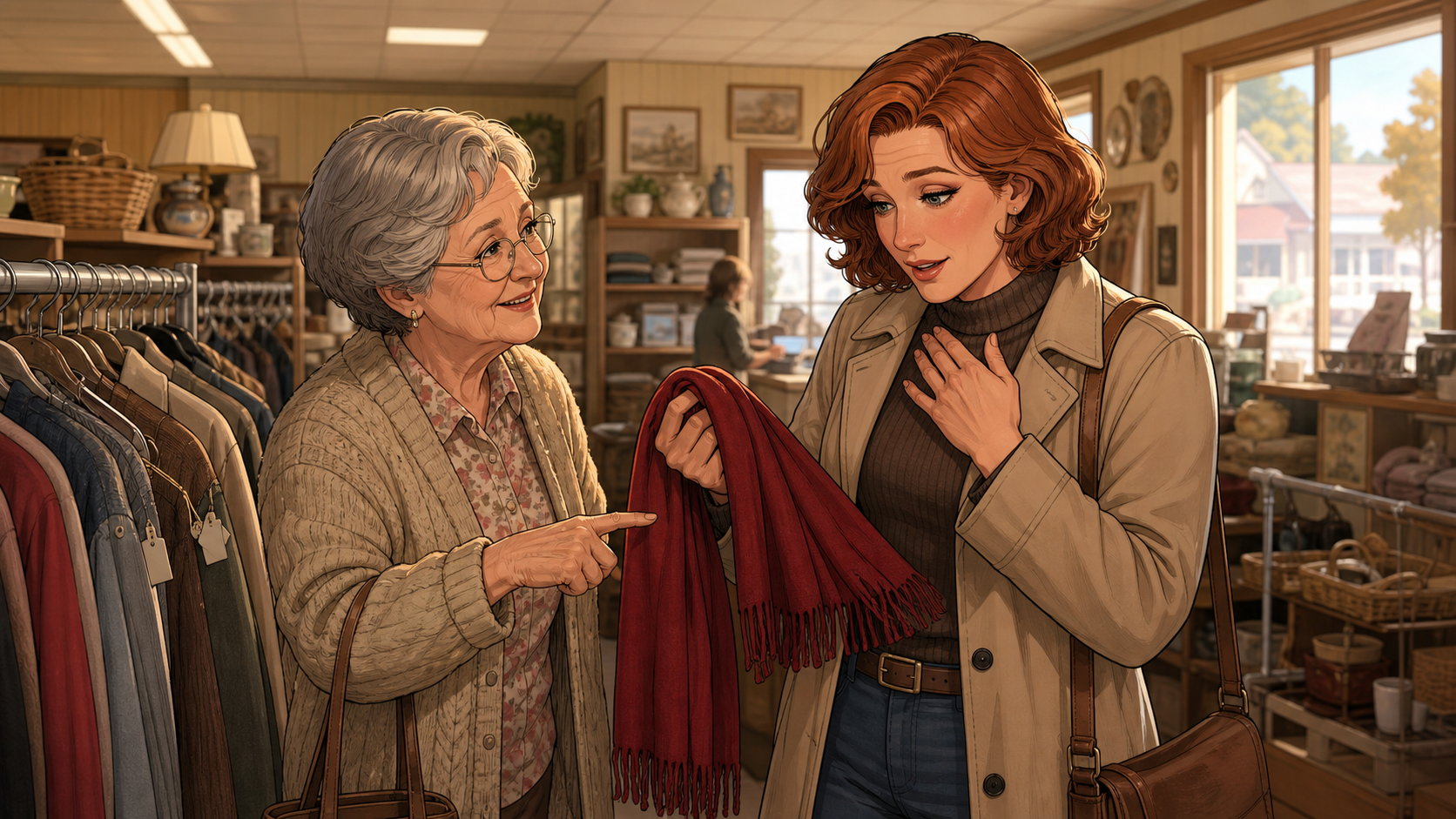 An older woman giving Melissa kind fashion advice about a red scarf in a thrift store