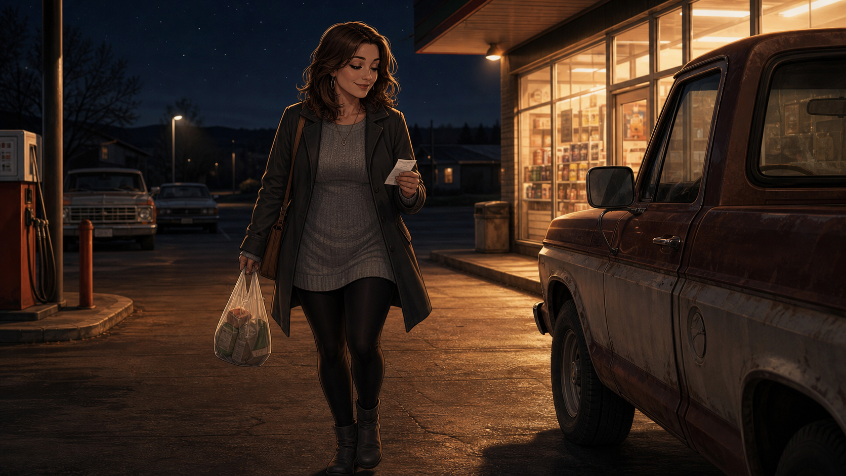 Melissa walking back to her old pickup with groceries after a quiet small-town victory